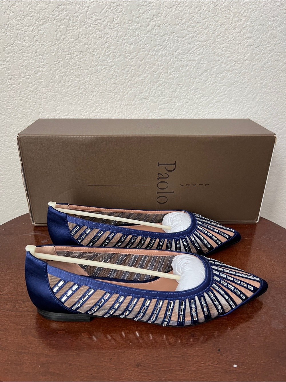 Linea Paolo Noelle Navy Blue Satin Crystal Embellished Flat Dress Shoe  Size 5